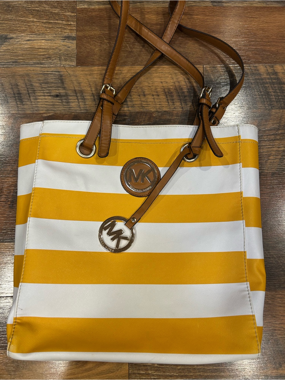 Michael Kors Yellow and White Striped Tote with Tan Leather Trim